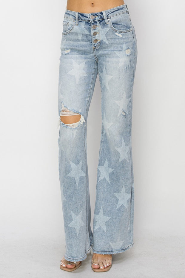 {ONLINE ONLY} RISEN Button Fly Star Flare Jeans