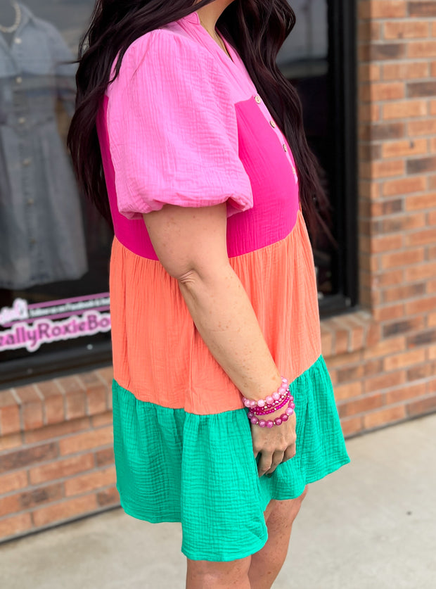 Colorblock Tiered Puff Sleeve Dress