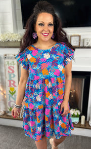 Multi Color Tropical Print Tiered Dress