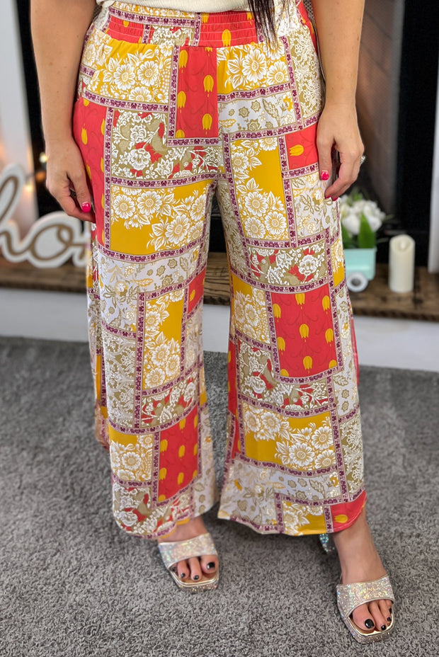 Yellow/Coral Multi Patchwork Side Vent Pants