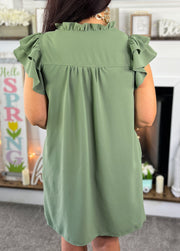 Olive Ruffled Dress w/Pockets