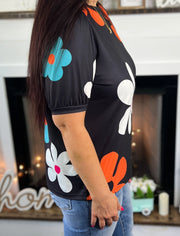 Retro Floral Shirred Sleeve Top