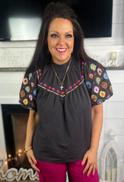 Multicolor Embroidered Black Puff Sleeve Top