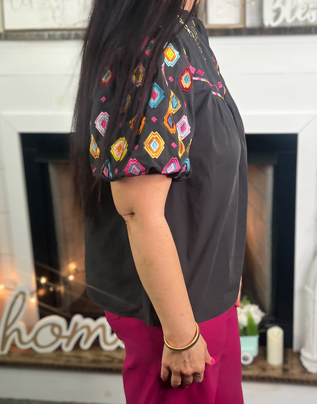 Multicolor Embroidered Black Puff Sleeve Top