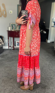 Multi Print Tassel Tie Sleeve Maxi Dress