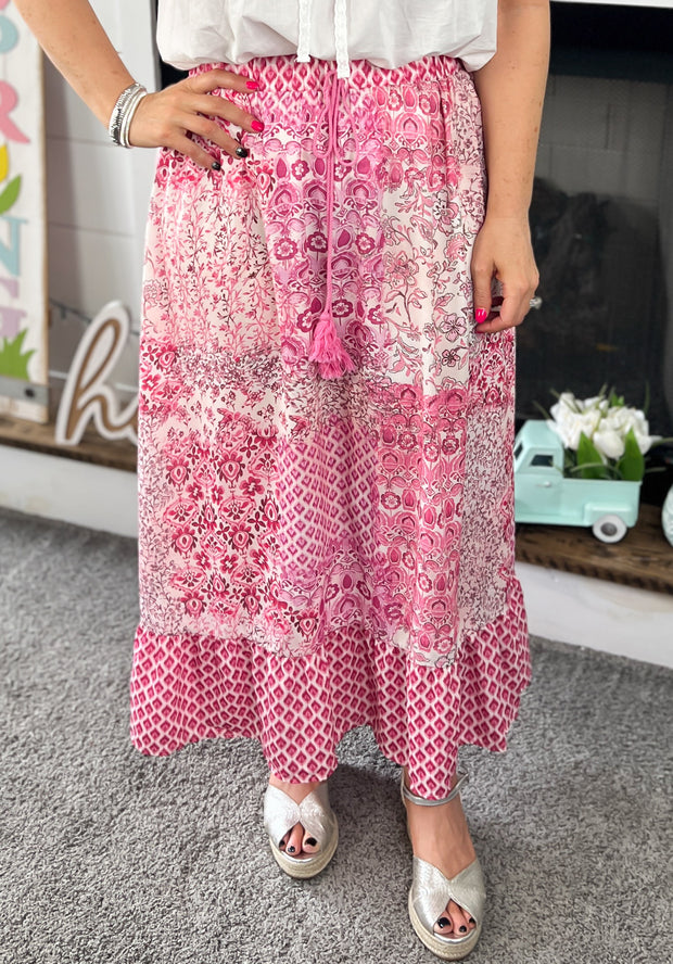 Pink Vintage Print Maxi Skirt