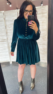 Hunter Green Mock Neck Dress w/Button Detail