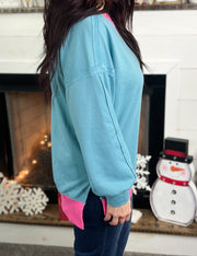 Aqua Exposed Seam Pullover w/Pink Trim