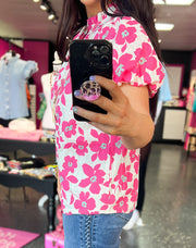 Pink & Aqua Floral Puff Sleeve Top