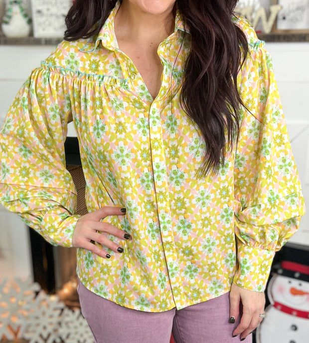 Vintage Print Puff Sleeve Button Up