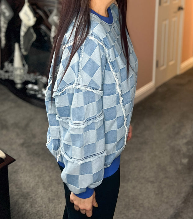 {PREORDER} Denim Checked Print OVERSIZED Pullover