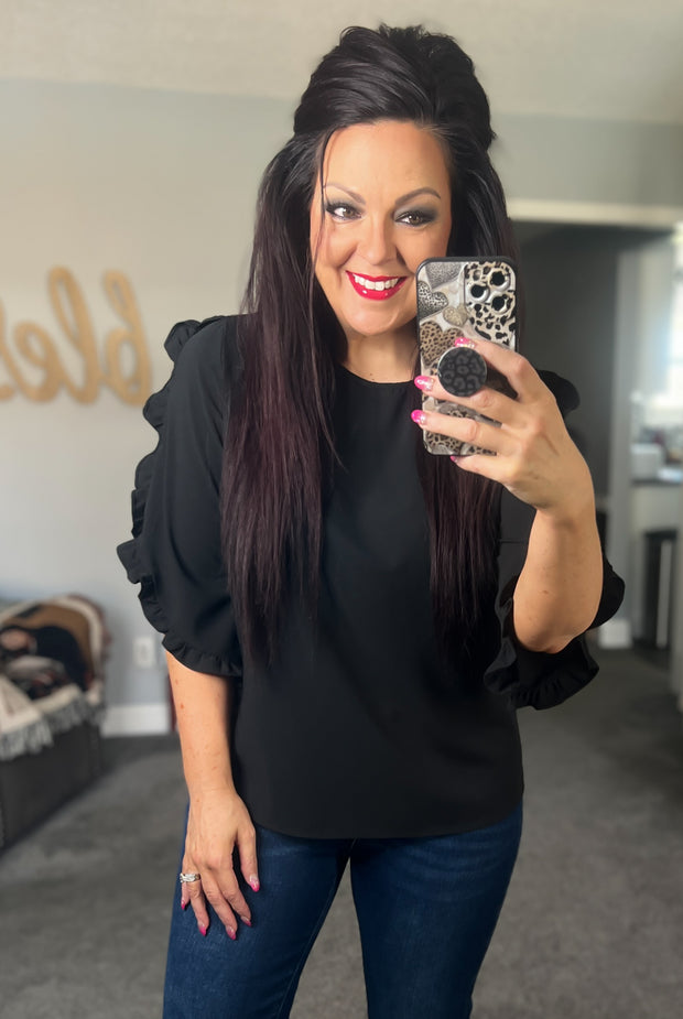 Black 3/4 Ruffle Sleeve Top