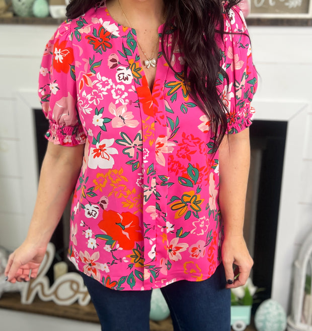Pink Multi Floral Smock Sleeve Top