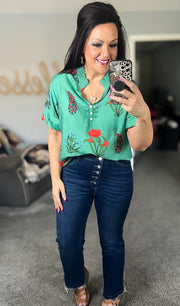 Green Floral Smocked Split Neck Top