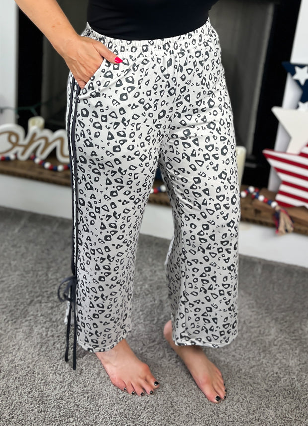 Grey Leopard Cropped Pants w/Side Tie