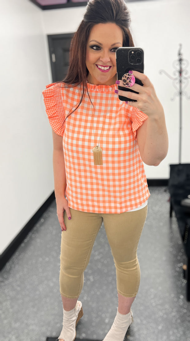 Neon Coral Gingham Ruffle Top