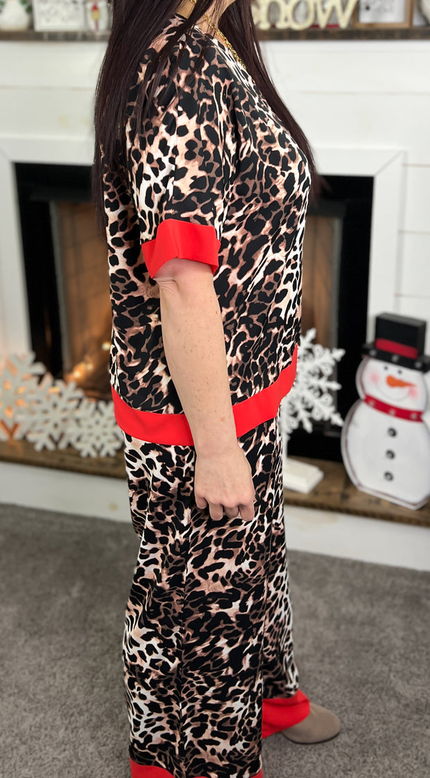 Red Trimmed Leopard 2 Piece Pant Set