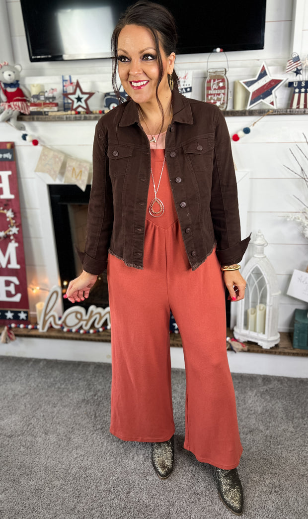 Rust Textured Cropped Wide Leg Overall Jumpsuit