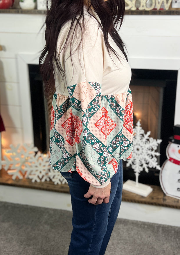 Paisley Geo Print Contrast Peplum Top