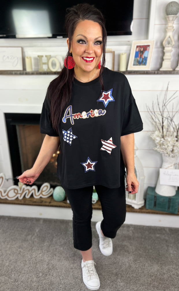 Black Sequin America & Star OVERSIZED Top
