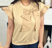 Taupe Bow Accent Ruffle Sleeve Top