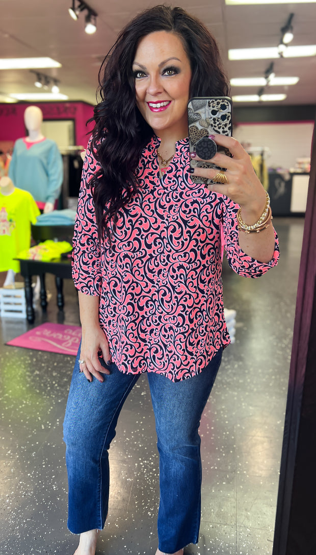Coral/Navy Floral Paisley Lizzy Top