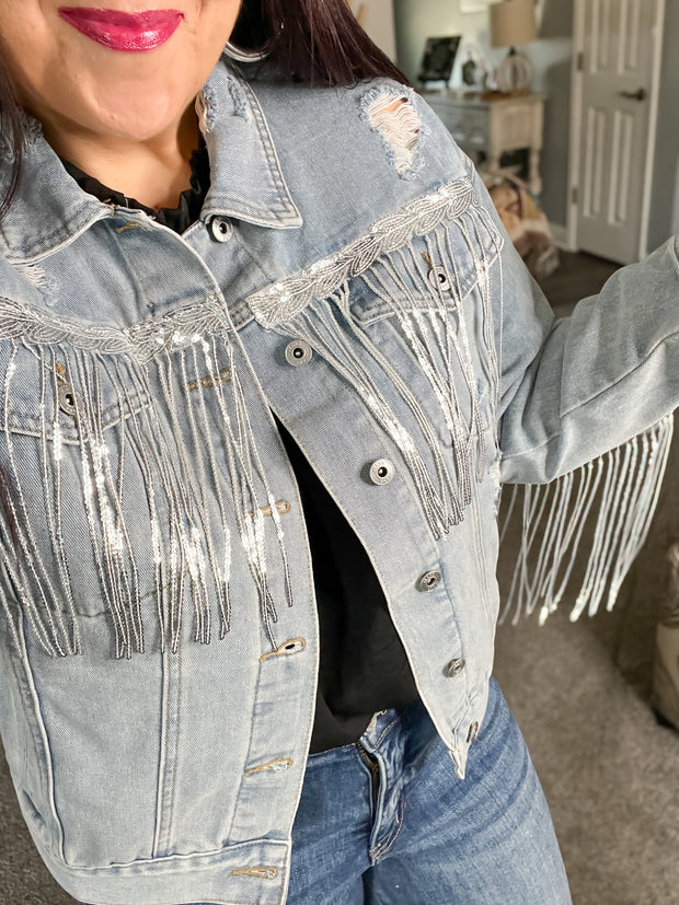 {PREORDER} Sequin Fringe Distressed Denim Jacket