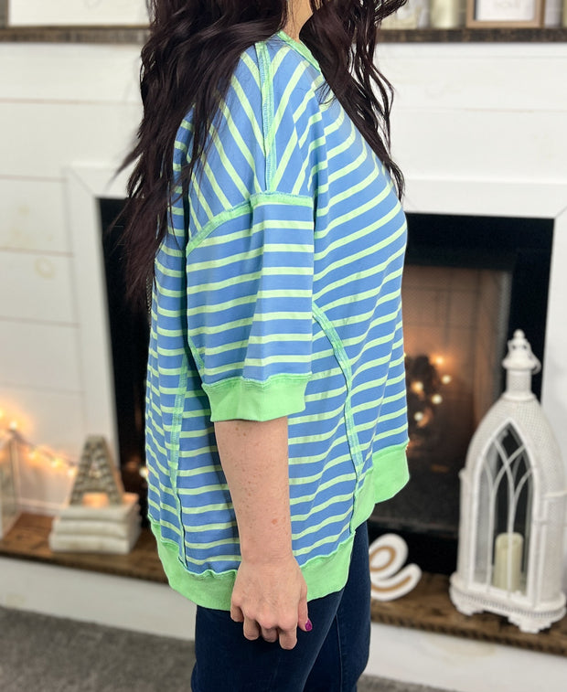 Blue/Green Striped Oversized Pullover (S-2X)