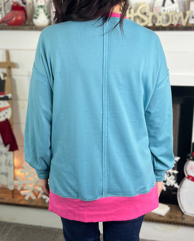 Aqua Exposed Seam Pullover w/Pink Trim