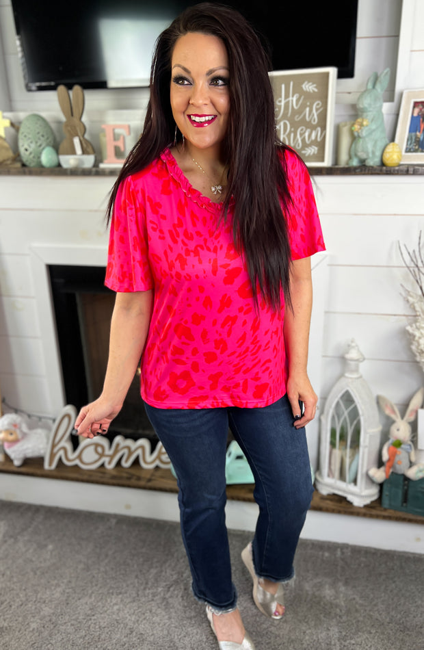Pink/Red Leopard Ruffle Neck Top