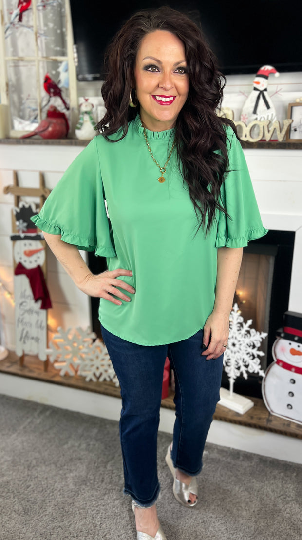 Mint Green Ruffle Trim Wide Sleeve Top