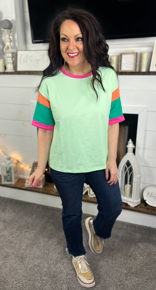 Bright Green Colorblock Sleeve Top