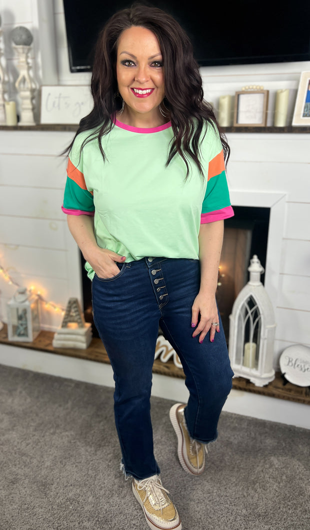 Bright Green Colorblock Sleeve Top