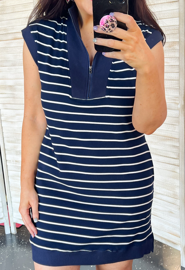 Navy Stripe Half Zip Dress