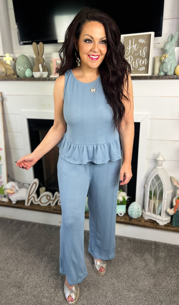 Dusty Blue Peplum Top & Pants Set