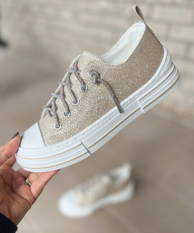 Very G Aman Gold Sparkle Sneakers w/Rhinestone Laces