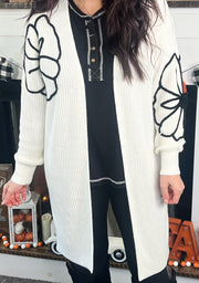 Ivory Flower Embroidered Long Cardigan (S-2X)