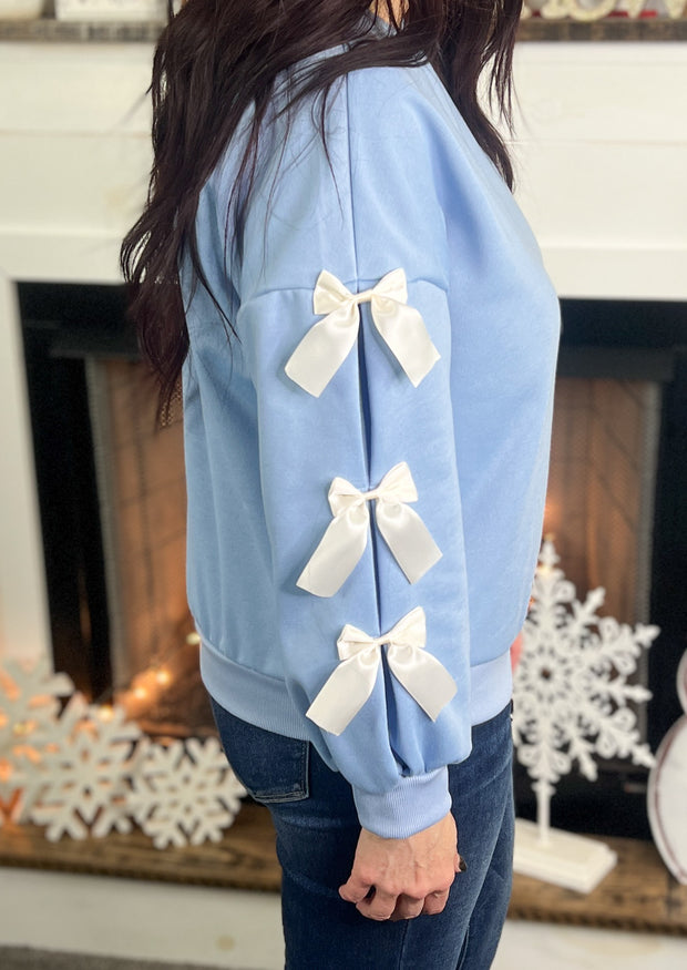 Light Blue Bow Accent Sleeve Pullover