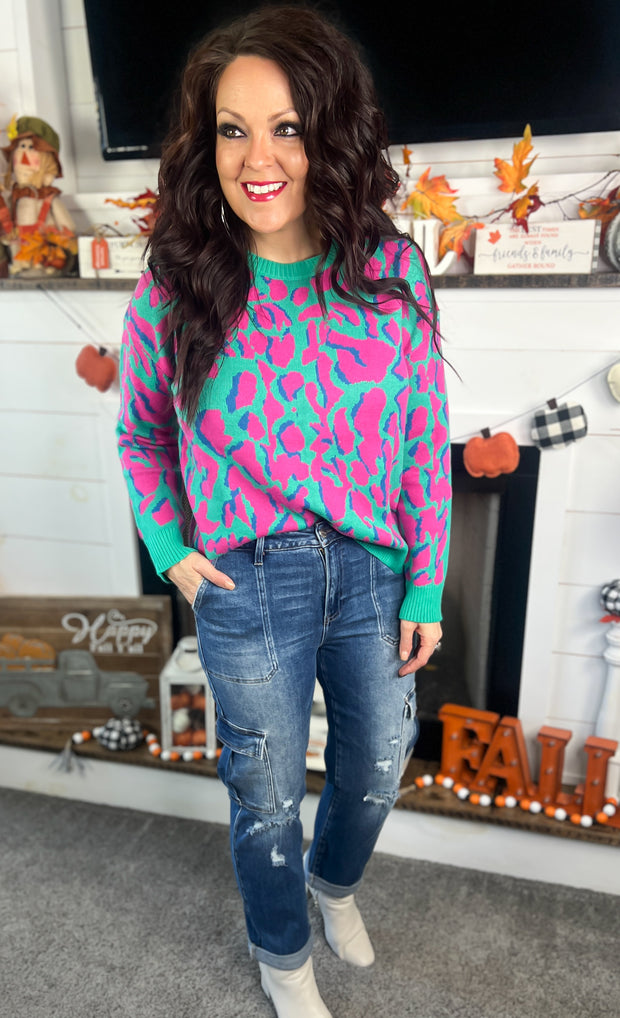 Pink/Green Leopard Print Sweater