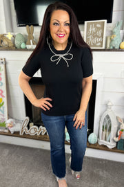 Black Pearl Bow Neckline Short Sleeve Sweater