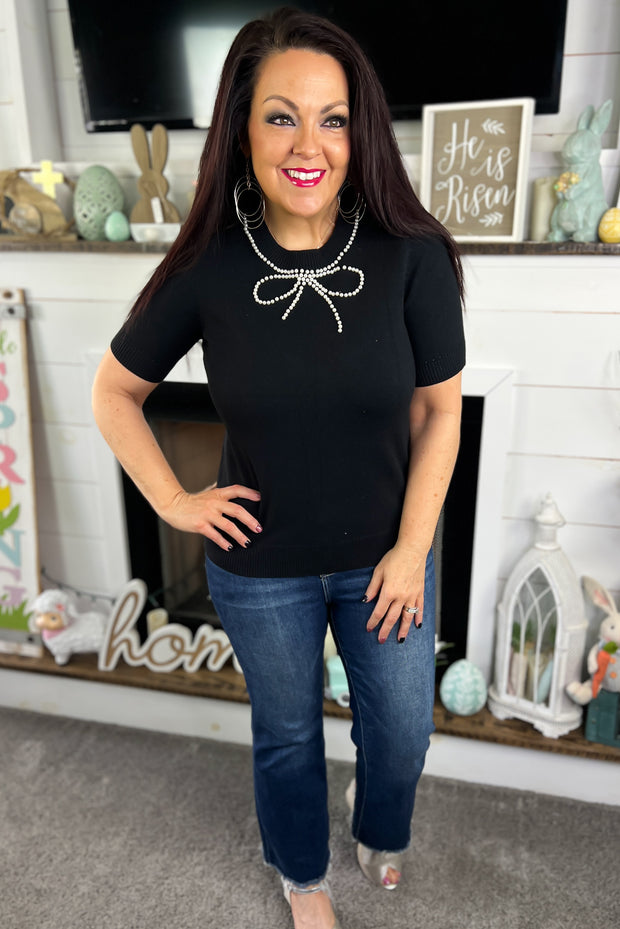 Black Pearl Bow Neckline Short Sleeve Sweater