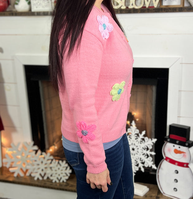 Pink Floral Appliqué Button Front Cardigan