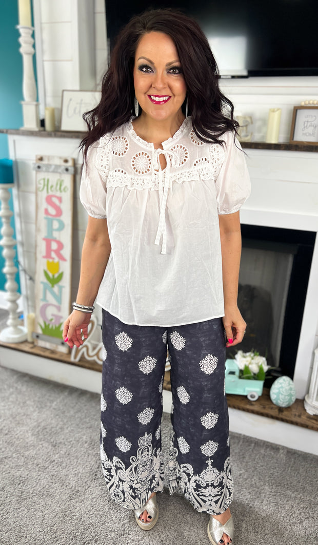 White Lace Accent Puff Sleeve Top