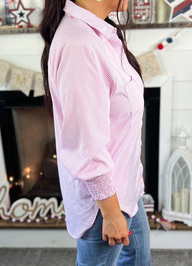 Pink Pin Stripe Smock Sleeve Button Up (S-2X)