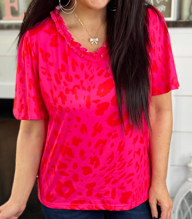 Pink/Red Leopard Ruffle Neck Top