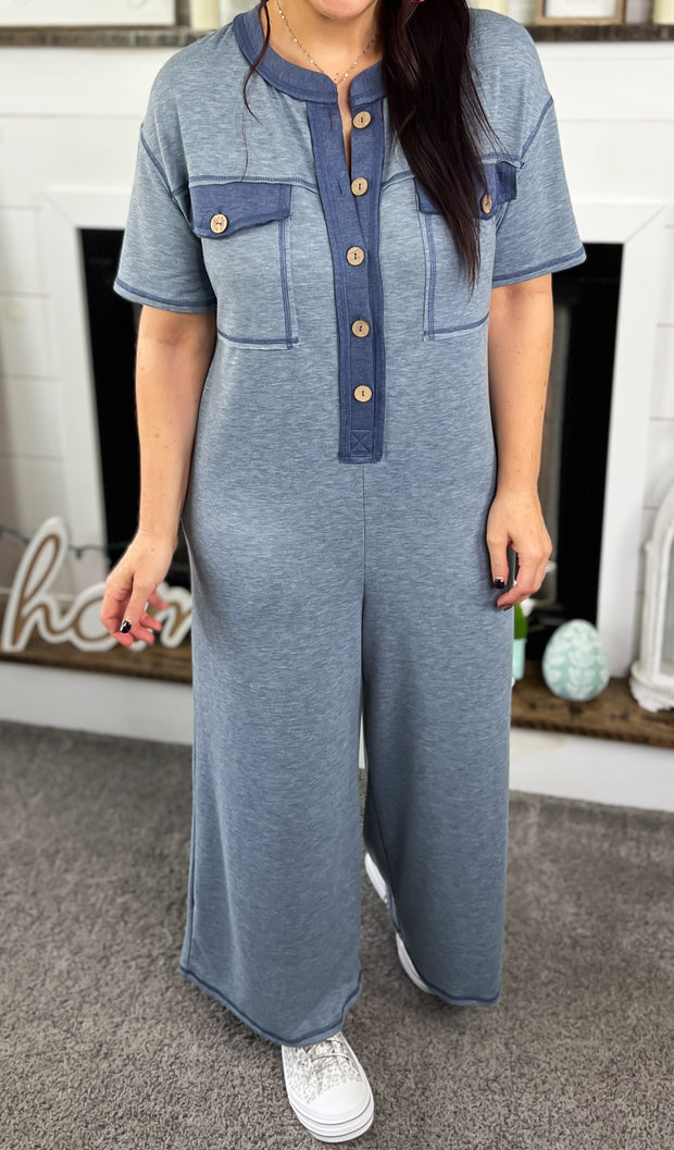 Heather Blue Button Front Wide Leg Jumpsuit