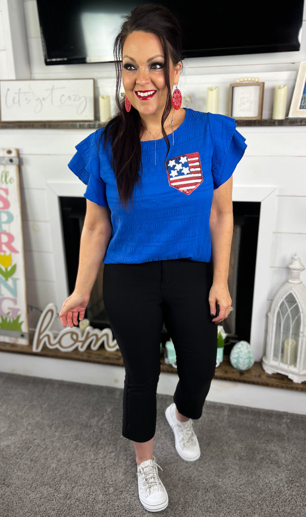 Sequin Flag Patch Layered Ruffle Sleeve Top