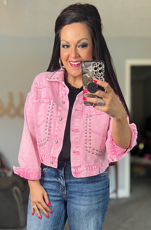 {PREORDER} Pink Studded Cropped Denim Jacket