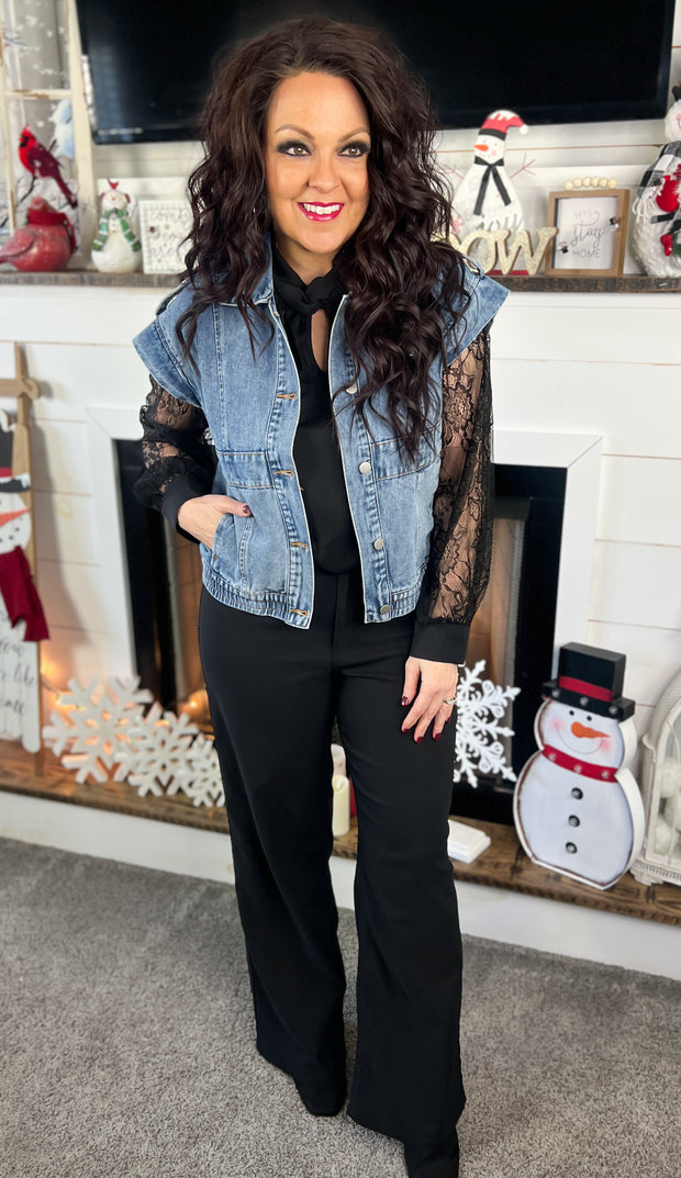 Black Floral Lace Sleeve Top