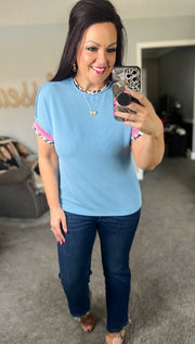 Leopard Trim Blue Corded Top